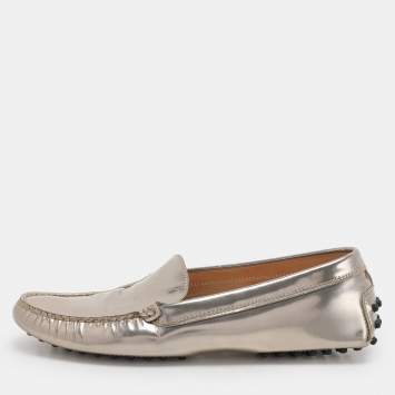 Pre Owned Tod's Metallic Patent Leather Penny Loafers Size 38.5