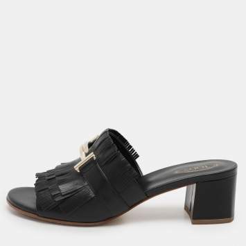 Pre Owned Tod's Black Leather Double T Fringe Slide Sandals Size 39