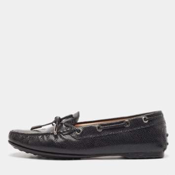 Pre Owned Tod's Black Lizard Embossed Leather Driver Loafers Size 37.5