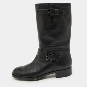 Pre Owned Tod's Black Leather Buckle Detail Calf Length Boots Size 39.5