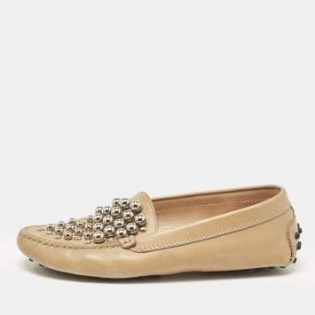 Pre Owned Tod's Beige Leather Studded Slip On Loafers Size 35