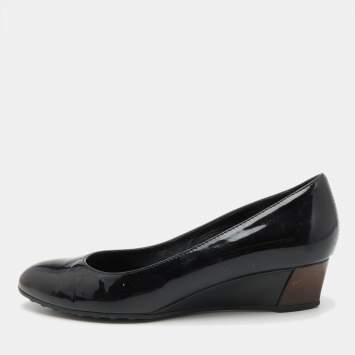Pre Owned Tod's Black Patent Leather Wedge Pumps Size 37.5