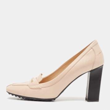 Pre Owned Tod's Beige Leather Block Heel Loafer Pumps Size 35.5