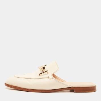 Pre Owned Tod's Off White Leather Double T Flat Mules Size 36.5
