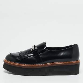 Pre Owned Tod's Black Leather Fringe Detail Platform Loafers Size 39.5