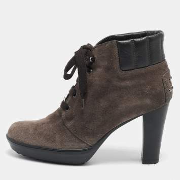 Pre Owned Tod's Brown Suede and Leather Lace Up Ankle Boots Size 36