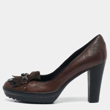 Tod's Brown Leather and Suede Fringe Platform Pumps Size 38.5