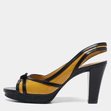 Tod's YellowBlack Patent and Leather Platform Slingback Sandals Size 38.5
