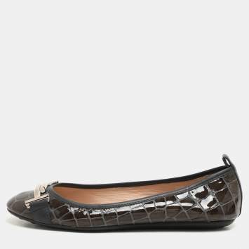 Pre Owned Tod's Green Croc Embossed Patent Leather Ballet Flats Size 36.5
