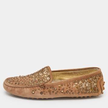 Pre Owned Tod's Brown Suede Crystal Embellished Driver Loafers Size 37.5