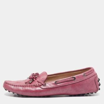 Tod's Metallic Pink Leather Bow Slip On Loafers Size 38