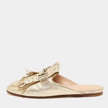 Tod's Gold Metallic Leather Double T Studded Fringe Flat Mules Size 37.5