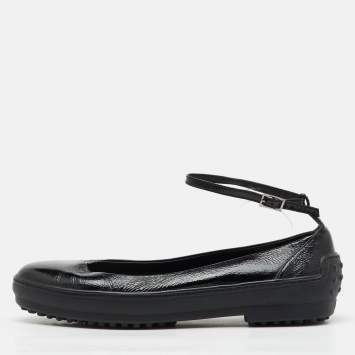 Pre Owned Tod's Black Patent Leather Ankle Strap Ballet Flats Size 38