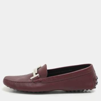 Tod's Burgundy Leather Double T Court Loafers Size 39.5