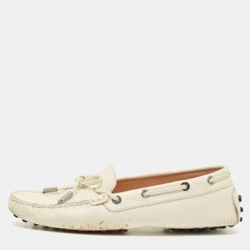 Pre Owned Tod's Cream Lizard Embossed Leather Bow Slip On Loafers Size 37.5