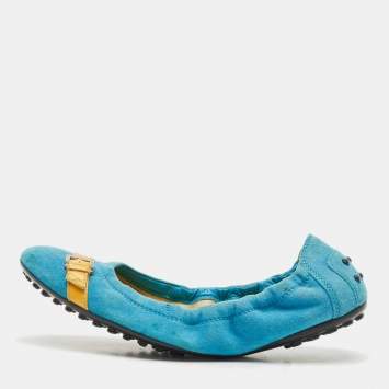 Pre Owned Tod's Blue/Yellow Suede and Patent Leather Trim Buckle Detail Scrunch Ballet Flats Size 36