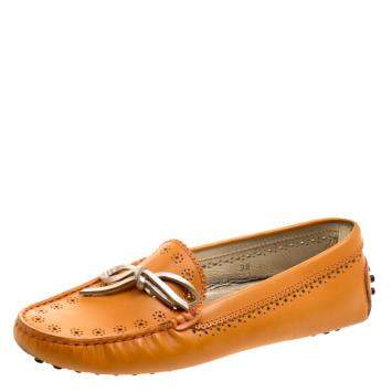 Pre Owned Tod's Orange Perforated Leather Bow Loafers Size 36