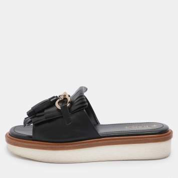 Pre Owned Tod's Black Leather Tassel Fringe Detail Platform Slide Sandals Size 38