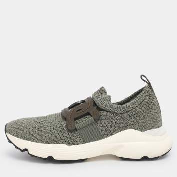 Pre Owned Tod's Green Stretch Knit Fabric Kate Slip On Sneakers Size 39