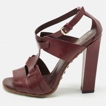 Pre Owned Tod's Brown Leather Ankle Strap Block Heel Sandals Size 36.5