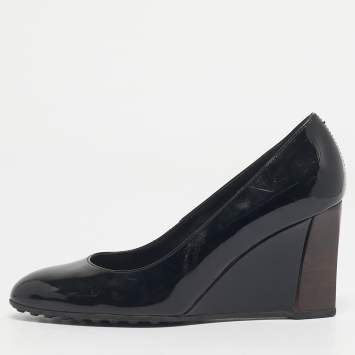 Pre Owned Tod's Black Patent Leather Round Toe Wedge Pumps Size 36