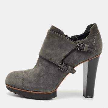 Pre Owned Tod's Grey Suede Leather Buckle Detail Block Heel Booties Size 37.5