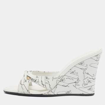 Pre Owned Tod's White/White Leather Bow  Wedge Sandals Size 37