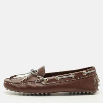 Pre Owned Tod's Brown Leather Gommino Bow Slip On Loafers Size 35.5