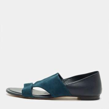 Pre Owned Tod's Teal Blue/Navy Blue Suede Open Toe Flat Size 42