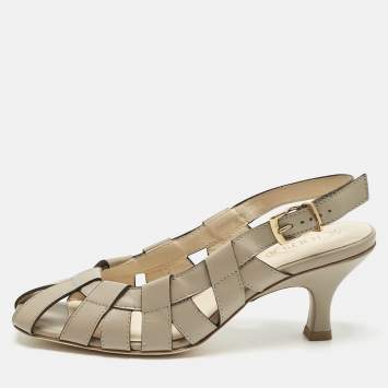 Pre Owned Tod's Grey Leather Cut Out Slingback Pumps Size 37