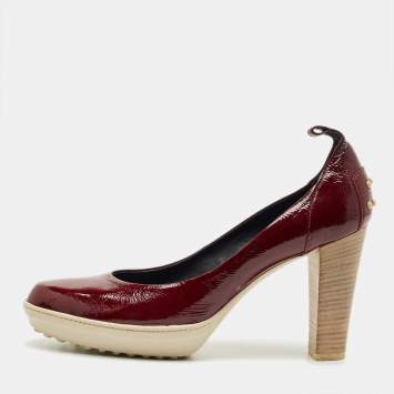 Pre Owned Tod's Burgundy Patent Leather Block Heel Pumps Size 39.5