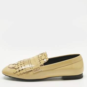 Pre Owned Tod's Beige Patent Leather Fringe Penny Loafers Size 40