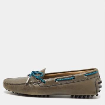 Pre Owned Tod's Grey/Blue Leather Gommino Bow Slip On Loafers Size 36