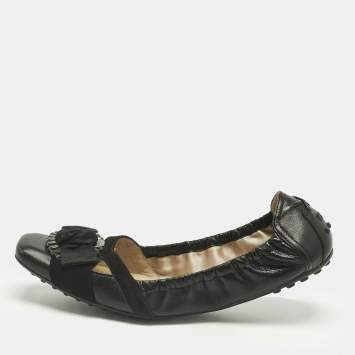 Pre Owned Tod's Black Leather Bow Square Toe Scrunch Ballet Flats Size 40.5