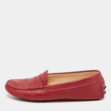 Pre Owned Tod's Red Leather Gommino Slip On Loafers Size 39.5