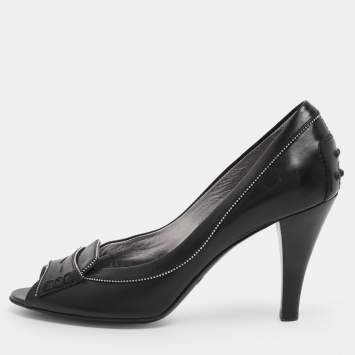 Pre Owned Tod's Black Leather Penny Peep Toe Pumps Size 37