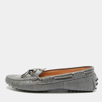 مملوكة مسبقًا Tod's Size 40.5 Grey Lizard Embossed Leather Bow Slip On  Loafers