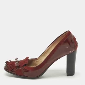 Pre Owned Tod's Size 38.5 Burgundy Patent Leather and Suede Fringe Bow Loafer Pumps