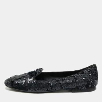 Pre Owned Tod's Size 38.5 Black Sequins and Velvet Smoking Slippers