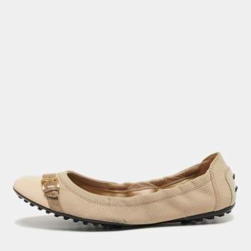Pre Owned Tod's Size 37 Grey/Beige Nubuck Leather and Suede Cap Toe Scrunch Ballet Flats