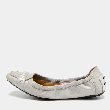 Pre Owned Tod's Size 37 Silver Leather and Shimmer Suede Braided Scrunch Ballet Flats