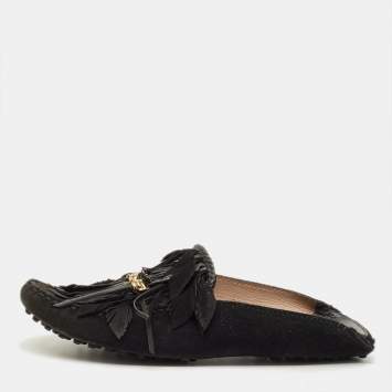 Pre Owned Tod's Size 38 Black Suede Tassel Fringe  Mules
