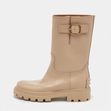 Pre Owned Tod's Size 36.5 Beige Smooth Leather Buckle Detail Mid Calf Boots