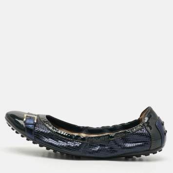 مملوكة مسبقًا Tod's Size 37.5 Navy Blue Leather and Snakeskin Embossed Leather Ballet Flats