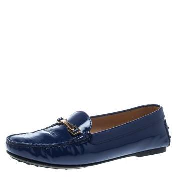 Pre Owned Tod's Blue Patent Leather Horsebit Loafers Size 38.5