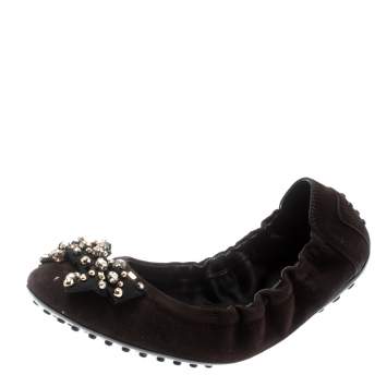 Pre Owned Tod's Brown Suede Studded Bow Ballet Flats Size 37 