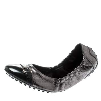 Pre Owned Tod's Metallic Grey Suede And Black Leather Cap Toe Buckle Detail Scrunch Ballet Flats Size 37