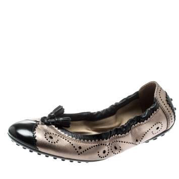 Pre Owned Tod's Black And Metallic Grey Brogue Leather Tassel Cap Toe Scrunch Ballet Flats Size 37