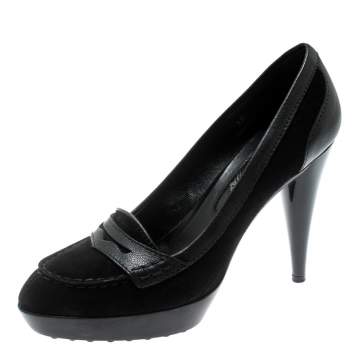 Pre Owned Tod's Black Suede And Leather Penny Platform Loafers Pumps Size 38