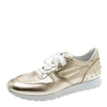 Pre Owned Tod's Metallic Gold Leather Allaciata Studded Lace Up Sneakers Size 39